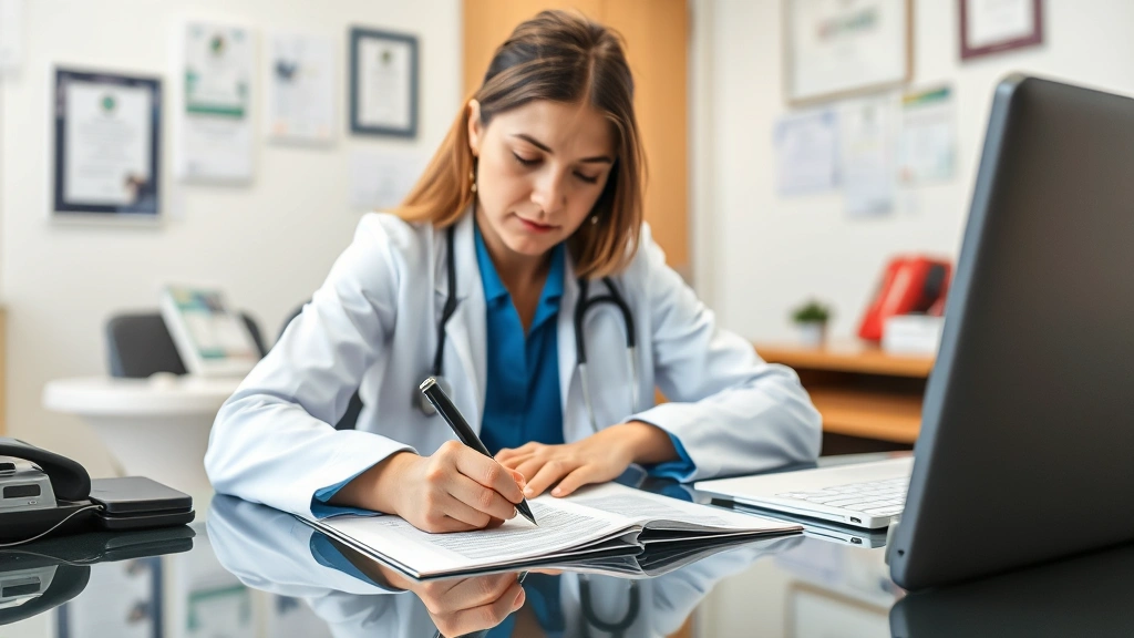 Licensed healthcare professional at desk writing medical documentation on official letterhead, focused professional expressio