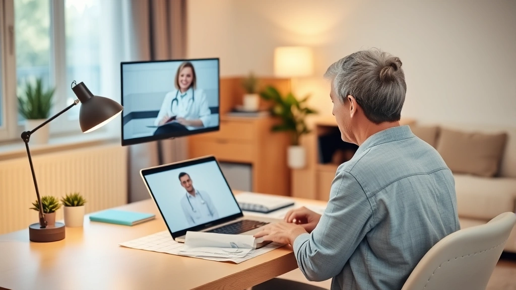 Person sitting at home desk with laptop during telehealth video call with healthcare provider, warm lighting and comfortable