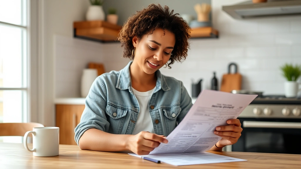 Diverse woman in casual clothing reviewing medical documents and payment information at kitchen table with coffee cup nearby