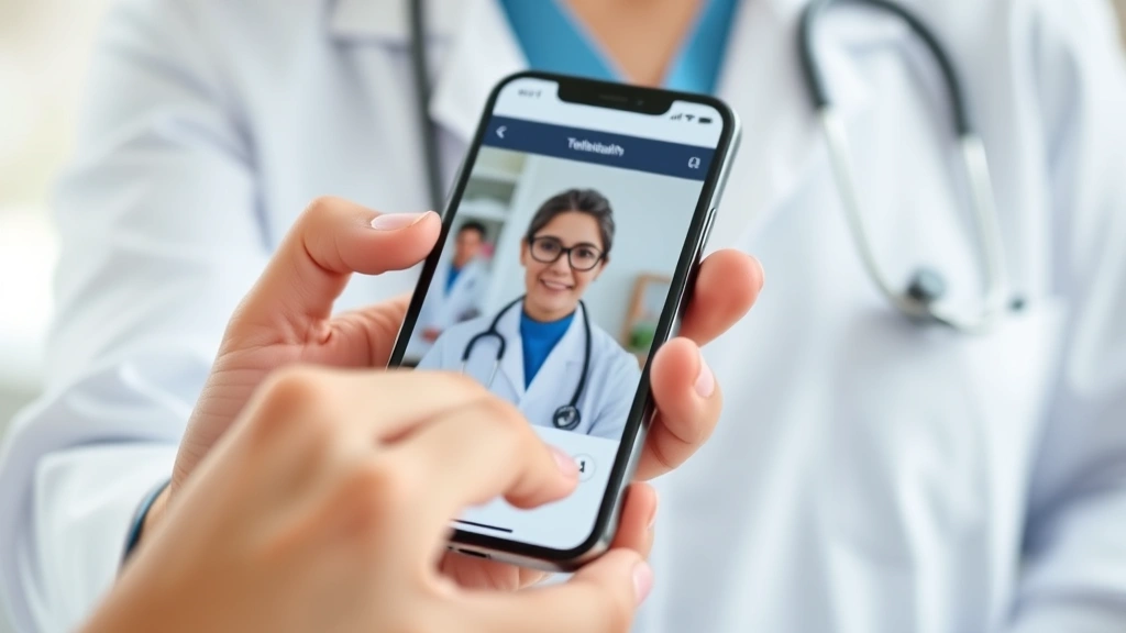 Close-up of hands holding smartphone showing telehealth appointment on screen with healthcare provider visible, healthcare co