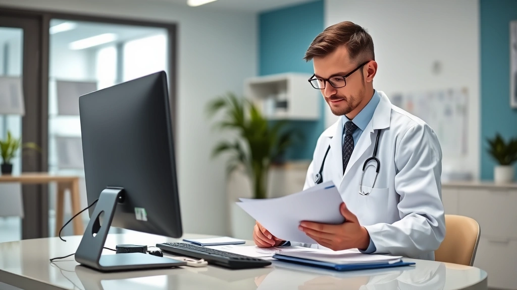 Healthcare provider in white coat reviewing medical documents at desk in bright clinic office