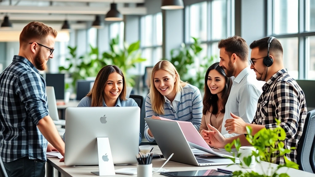 Diverse professional employees collaborating at modern workplace with ergonomic equipment and natural lighting
