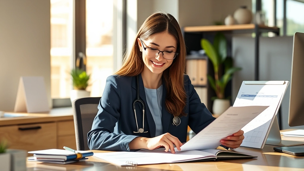 Professional woman at desk reviewing medical documents and calendar with supportive expression, warm natural lighting, modern