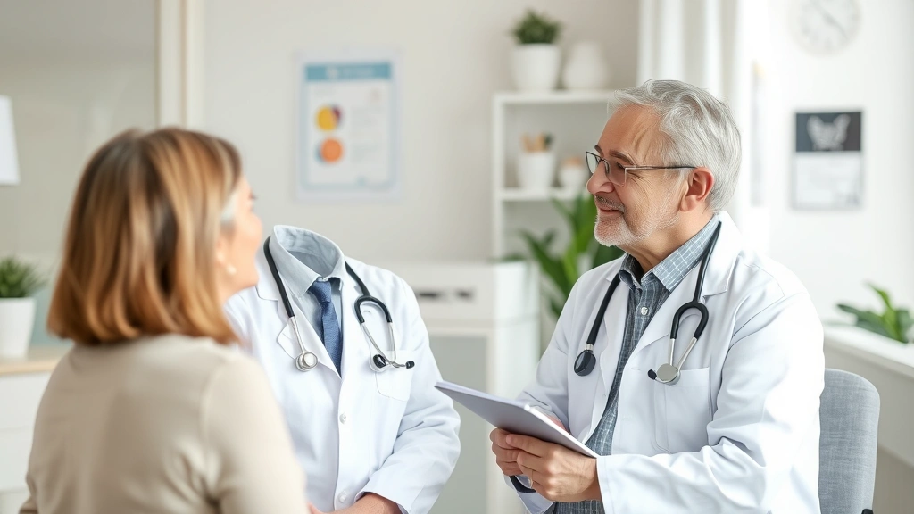 Doctor in white coat having compassionate conversation with patient in medical office, discussing accommodation needs and tak