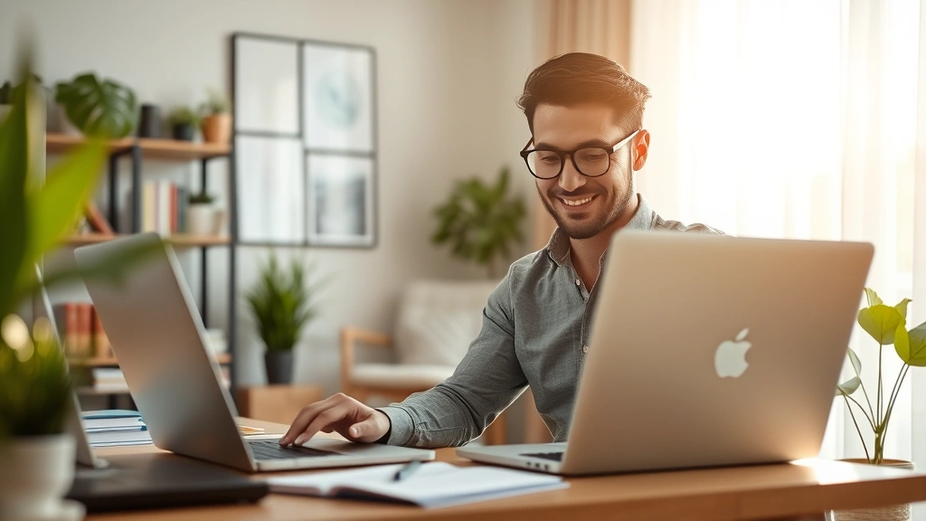 Diverse employee working flexibly from home office in morning light, appearing calm and focused while managing work and healt