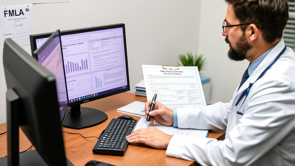 Doctor reviewing medical chart and completing FMLA certification form at desk with patient file and computer