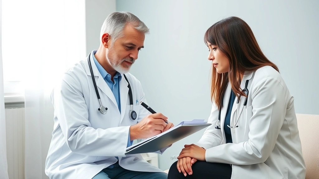 Healthcare provider in white coat writing detailed notes during patient consultation about medical leave needs