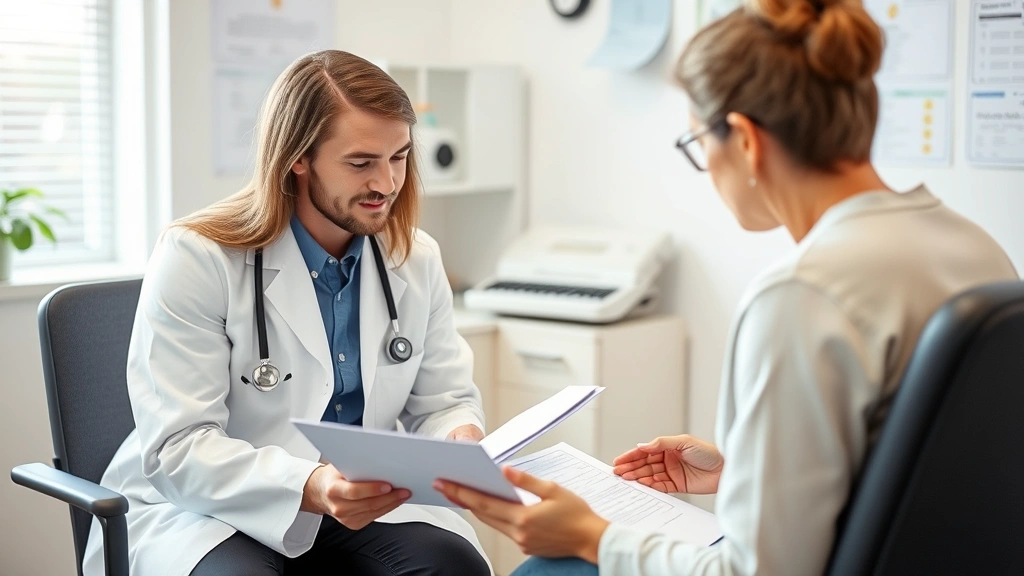 Healthcare provider in white coat reviewing medical documents with patient in clinical office setting, discussing functional