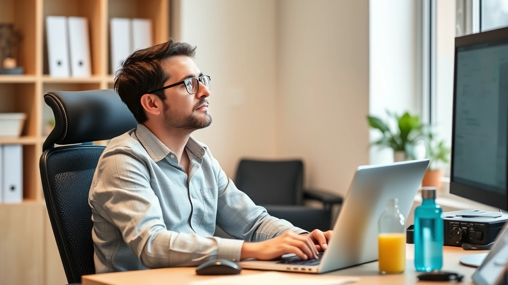 Person at desk with laptop and water bottle taking a break, demonstrating workplace accommodation in action with good posture
