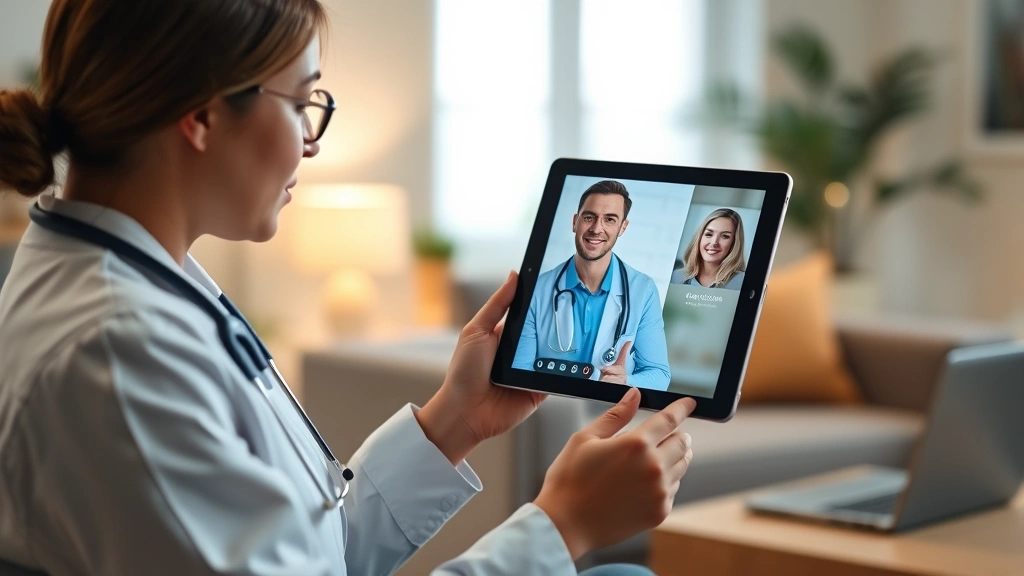 healthcare professional conducting telehealth consultation on tablet with patient, warm lighting, professional home office ba