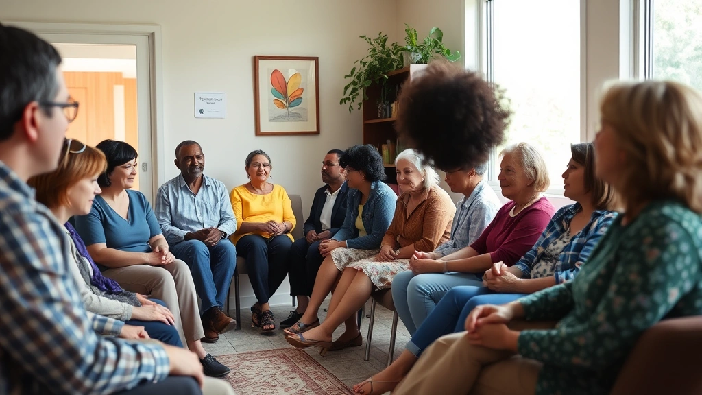 diverse group of people in community health center waiting room, welcoming atmosphere, natural lighting through windows