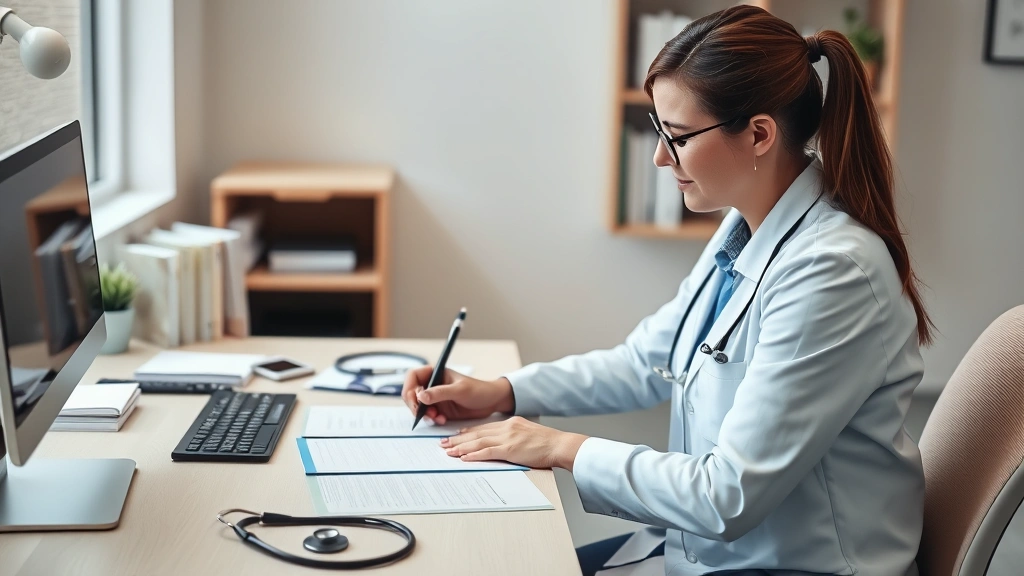 licensed therapist reviewing medical documents at desk with stethoscope nearby, organized professional workspace