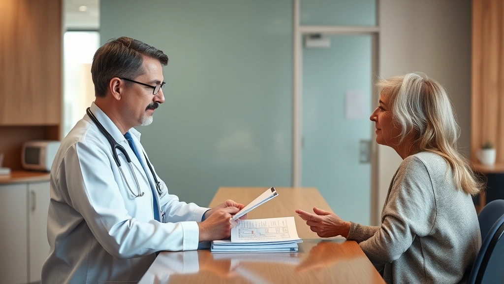 Healthcare provider discussing medical documentation with patient at clinic desk, warm professional setting, natural lighting