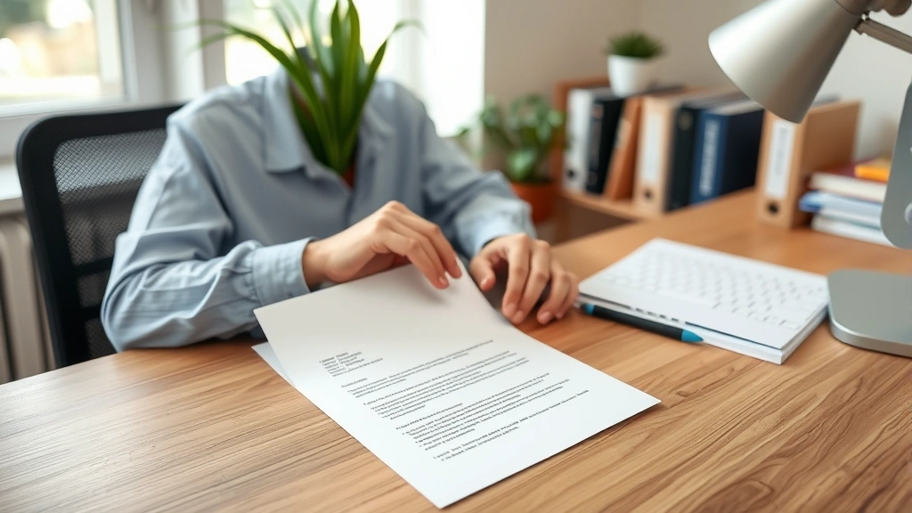 Person reviewing official medical letter on letterhead at home office desk, focused expression, organized workspace
