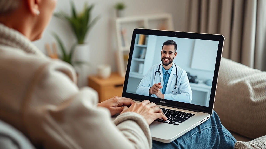 Patient on video call with telemedicine doctor on laptop screen, comfortable home environment, digital healthcare consultatio
