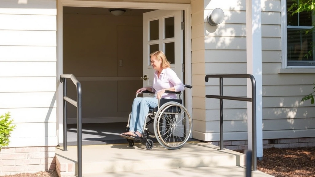 Woman in wheelchair entering accessible apartment building with ramp and accessible door, natural lighting, inclusive housing