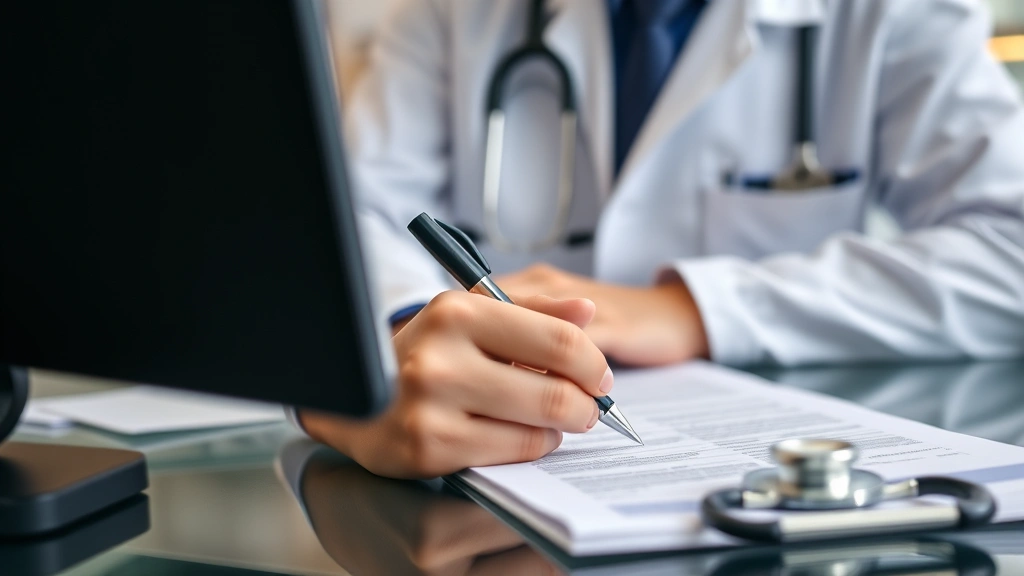 Close-up of healthcare provider writing medical documentation at desk with stethoscope, professional clinic setting, focused
