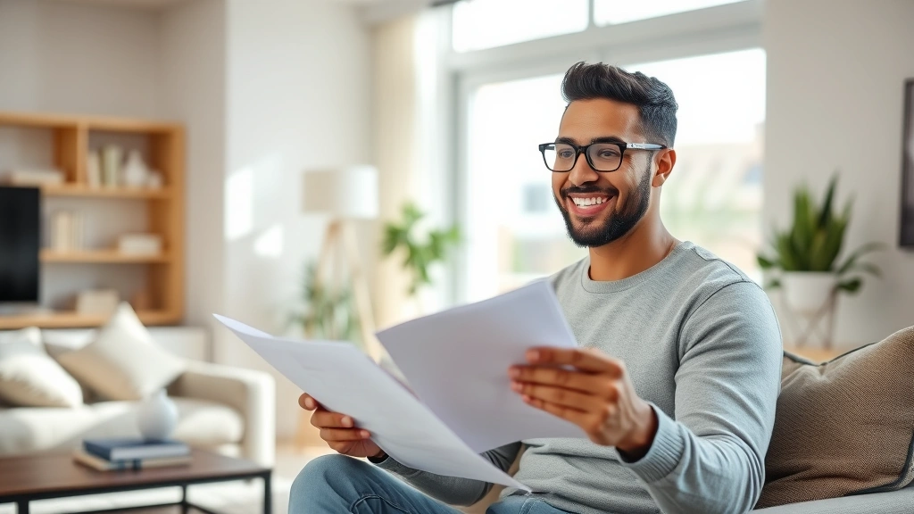 Diverse tenant smiling while reviewing housing documents in modern apartment living room, natural window light, empowered exp