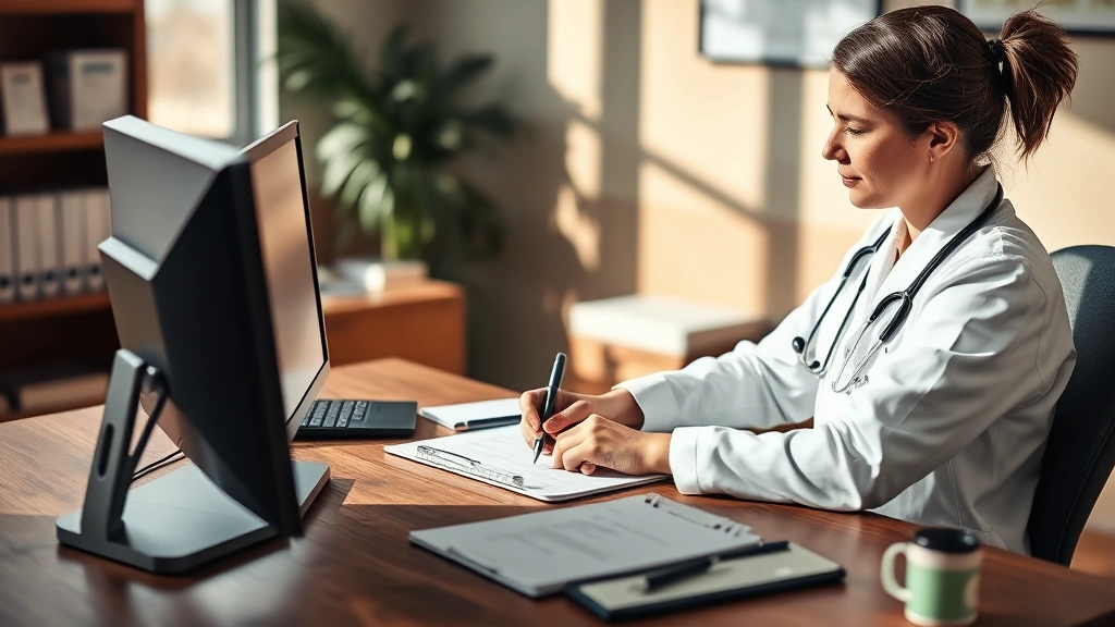 Licensed healthcare provider writing detailed medical documentation at wooden desk with computer, professional office environ