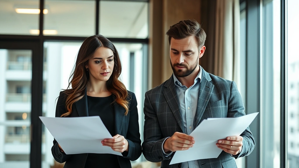 Professional woman and man reviewing housing accommodation paperwork together in modern apartment with large windows, serious