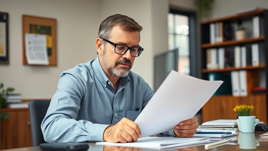 A middle-aged landlord reviewing medical documentation at a desk in a professional office, with a calm focused expression, na
