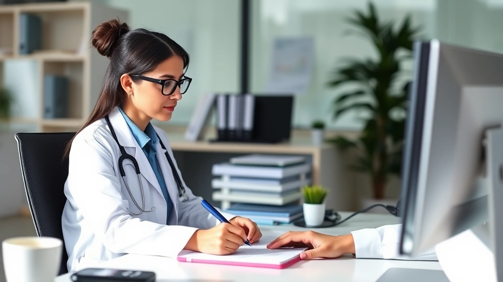 A healthcare provider in a white coat at a computer, writing clinical notes, professional office setting, focused and attenti