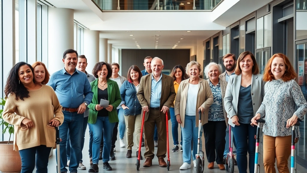 A diverse group of people of various ages and abilities in a modern apartment building lobby, some with mobility aids, all lo