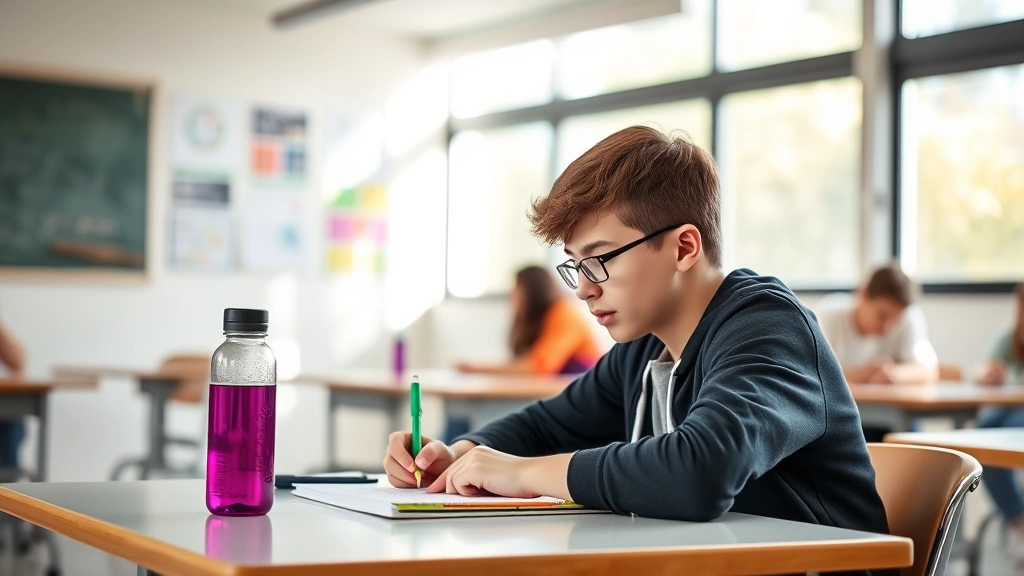 Student studying at desk with notebook and water bottle in bright classroom with natural light