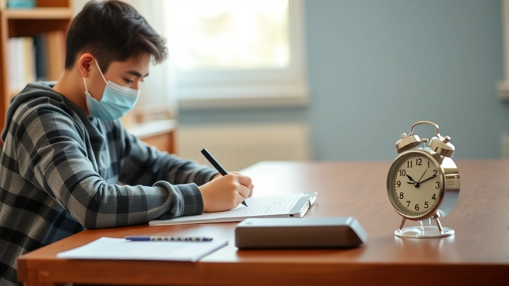 Student taking exam at table with clock showing extended testing time accommodation