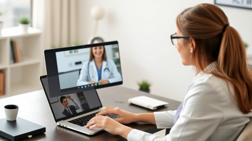 Woman in professional attire during video consultation on laptop with healthcare provider on screen in home office setting