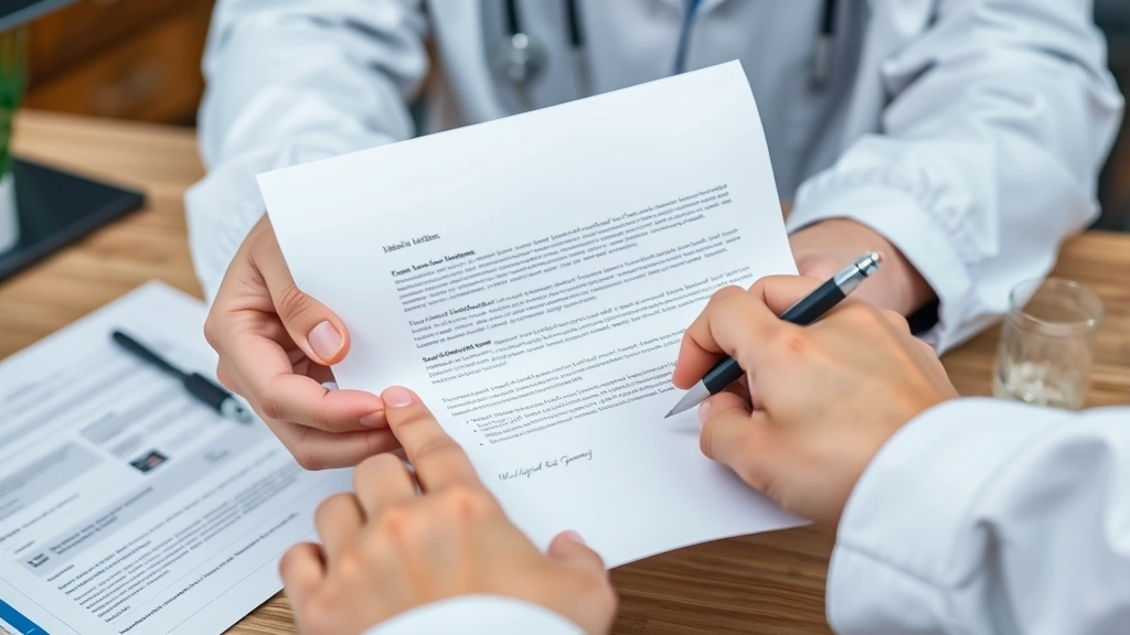 Close-up of hands holding medical letter document with official letterhead and healthcare provider signature on desk