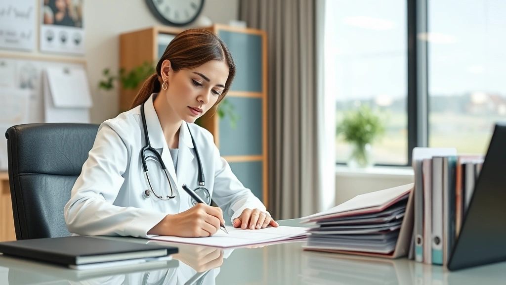 Healthcare provider writing medical documentation at desk with patient file, professional office setting with natural light