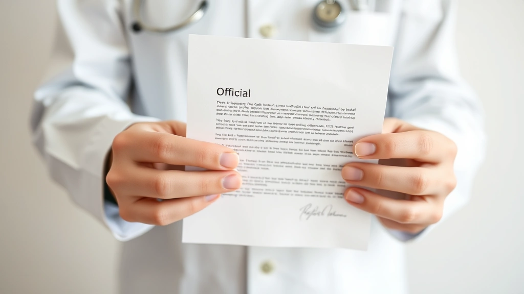 Close-up of hands holding official medical letter with letterhead, professional credentials visible, neutral background