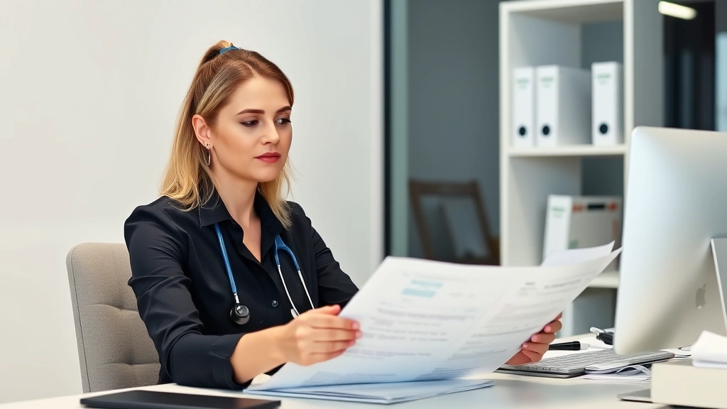 Professional woman reviewing medical documents at her desk, focused and confident expression, office environment