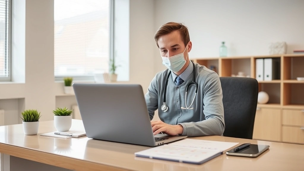 Professional healthcare provider sitting at desk with laptop reviewing patient medical records and documentation in bright cl