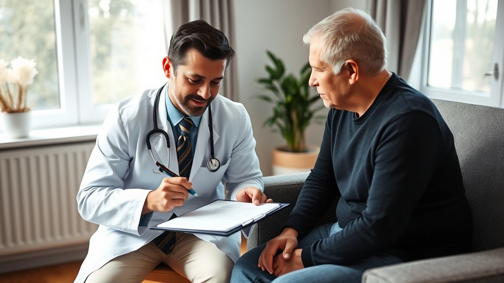 Doctor writing detailed notes on clipboard while patient describes symptoms in comfortable medical examination room with natu