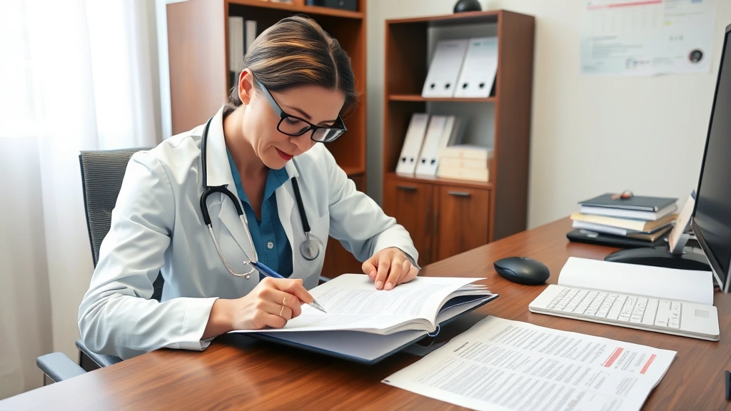 Licensed therapist reviewing clinical assessment documents and functional limitation forms at professional office desk with m