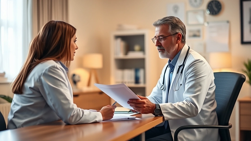 Doctor in white coat reviewing medical documents at desk with patient sitting across, warm office lighting, genuine healthcar
