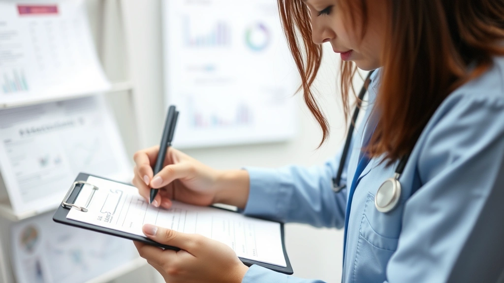 Person writing notes on clipboard while reviewing medical records, focused professional expression, organized healthcare pape