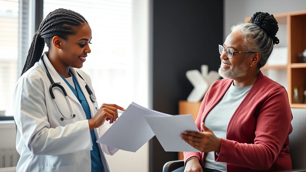 Diverse healthcare provider and patient discussing medical documentation in clinical office setting, supportive therapeutic e