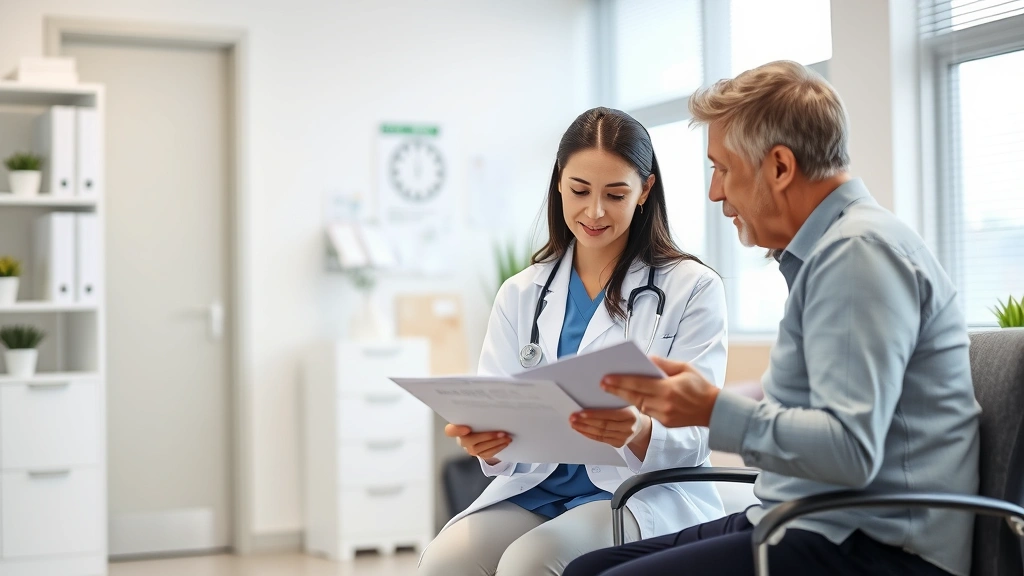 Female healthcare provider in white coat reviewing medical documents with patient in clinical office setting, professional an