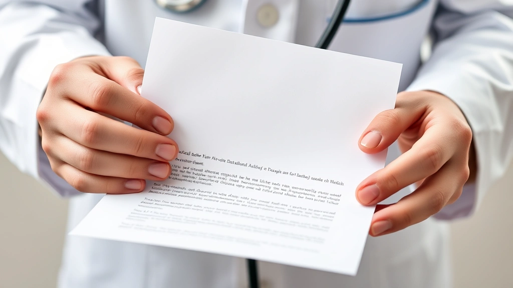 Close-up of hands holding official medical letter on letterhead with stethoscope visible, professional medical documentation