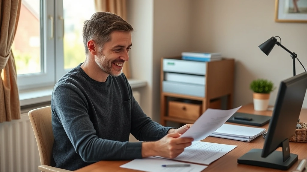 Patient sitting at desk reviewing accommodation letter document with satisfied expression, natural lighting from window