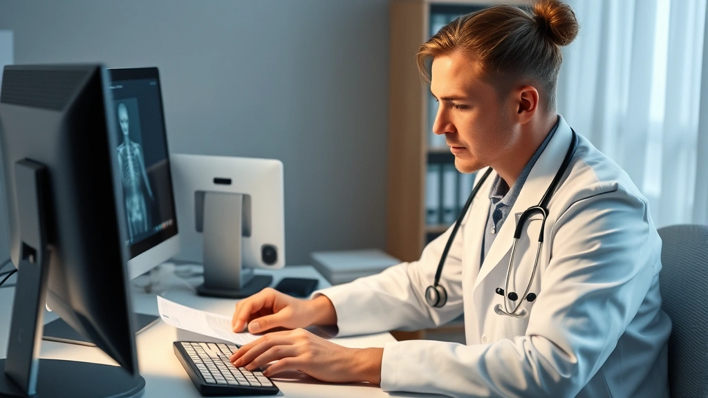 Healthcare provider in white coat reviewing patient medical records at desk with computer and stethoscope visible