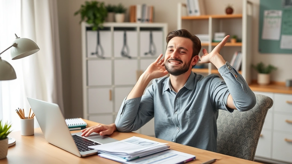 Person sitting at home office desk with laptop and medical documents, looking relieved and organized