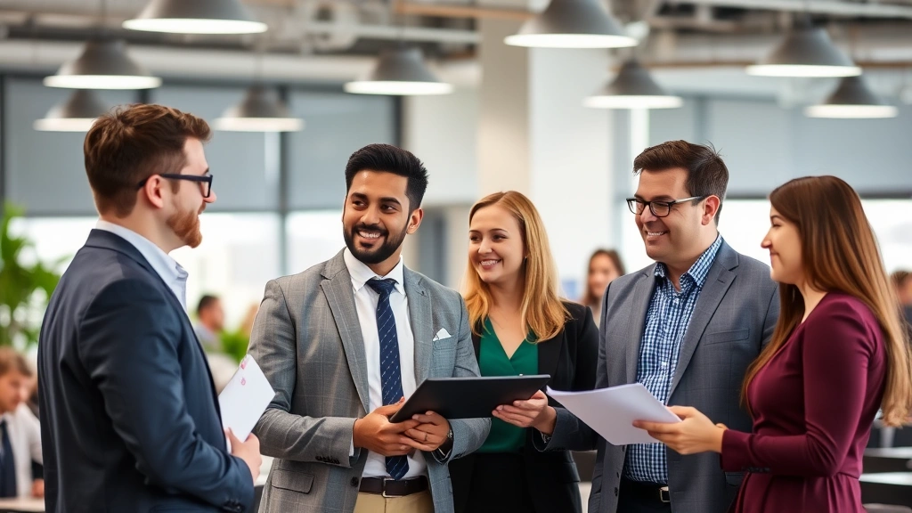 Diverse group of professionals in workplace environment collaborating, showing inclusive workplace setting