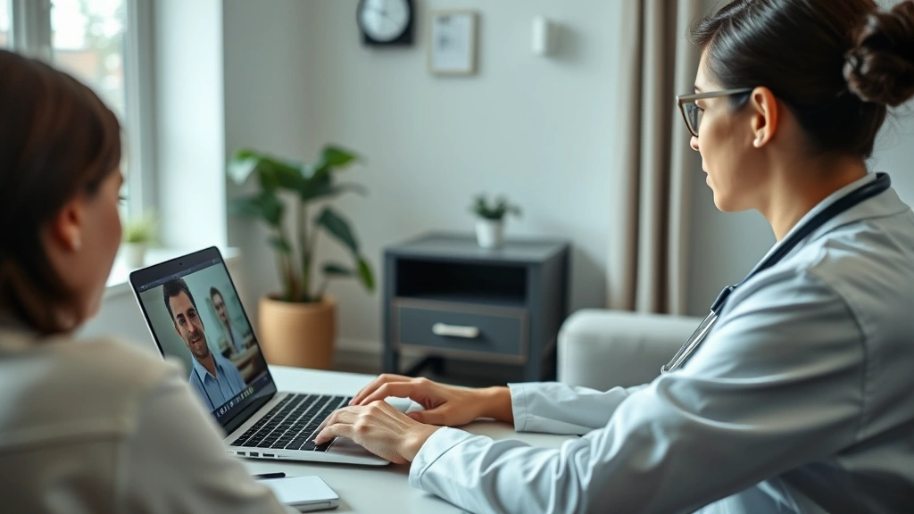 Healthcare provider conducting telehealth video consultation with patient on laptop in home office setting, professional medi