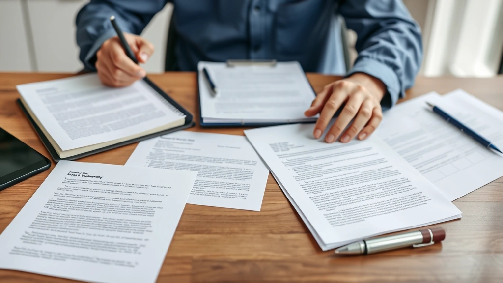 Person at desk reviewing medical documents and letters with supportive expression, organized paperwork and healthcare records