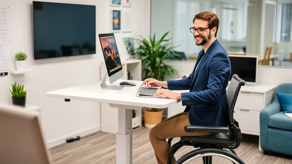 Diverse professional in accessible workplace with ergonomic setup, standing desk converter, and comfortable seating arrangeme