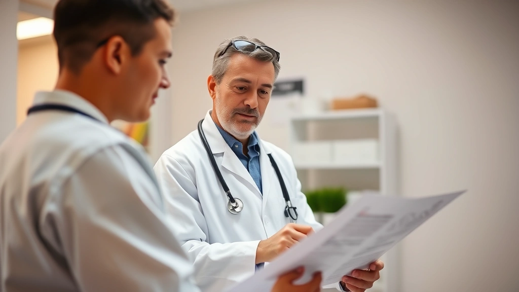 Healthcare provider in white coat reviewing medical chart with patient in clinical office setting, both focused on document,